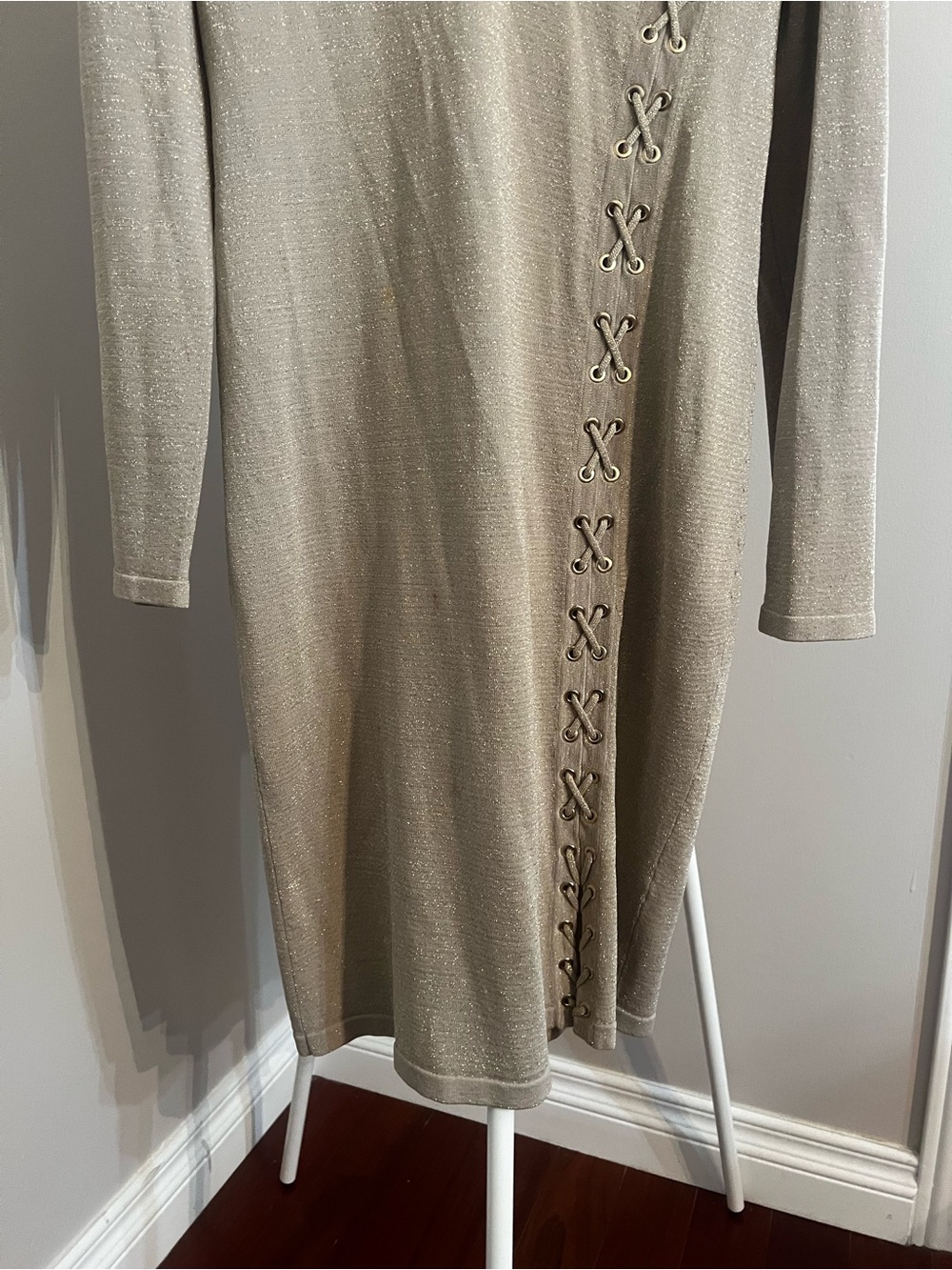 Calvin Klein Shimmery Long-Sleeve V-Neck Dress with Lace-Up Detail - Picture 4 of 5